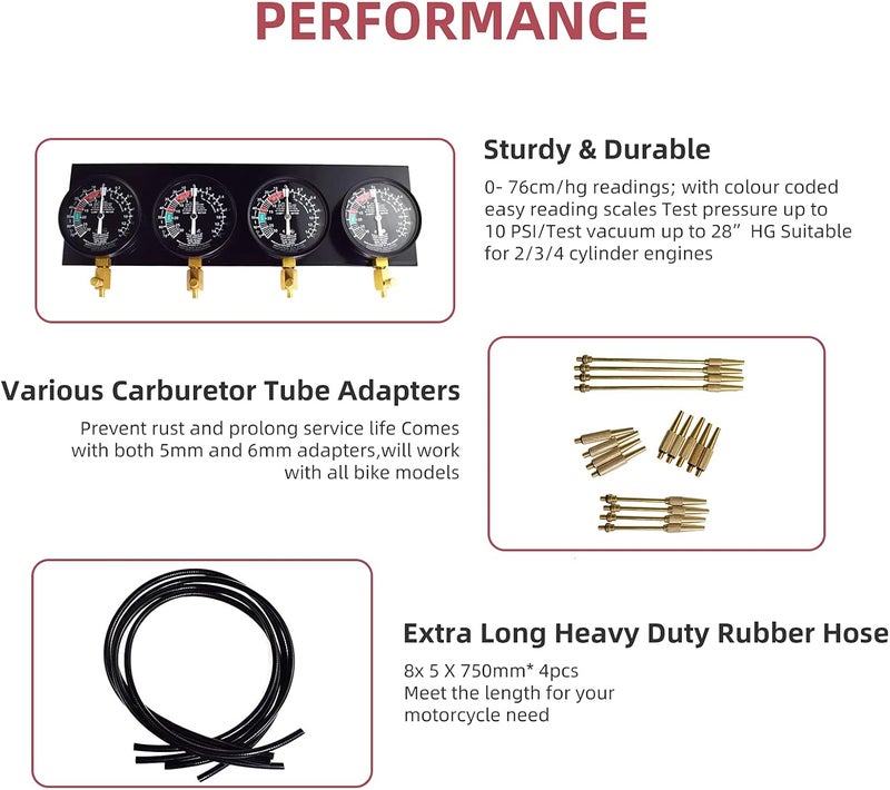 Alltooetools Universal Vacuum Carburetor Synchronization Balancer Gauge Carb Synchronizer Adjustment Tool Kit Compatible with Motorcycle BMW Honda Yamaha Kawasaki Suzuki GS KZ XS CB 550 650 750 - Image 5